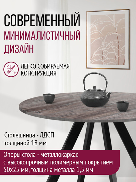 Изображение товара Обеденный стол Millwood Олесунн D900 18мм 90x90x75 (сосна пасадена/металл черный)