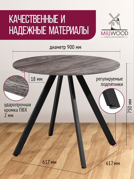 Изображение товара Обеденный стол Millwood Олесунн D900 18мм 90x90x75 (сосна пасадена/металл черный)