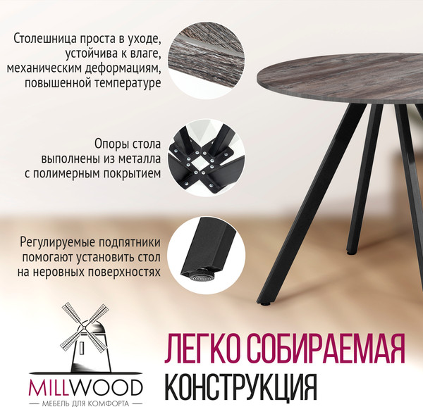 Изображение товара Обеденный стол Millwood Олесунн D900 18мм 90x90x75 (сосна пасадена/металл черный)