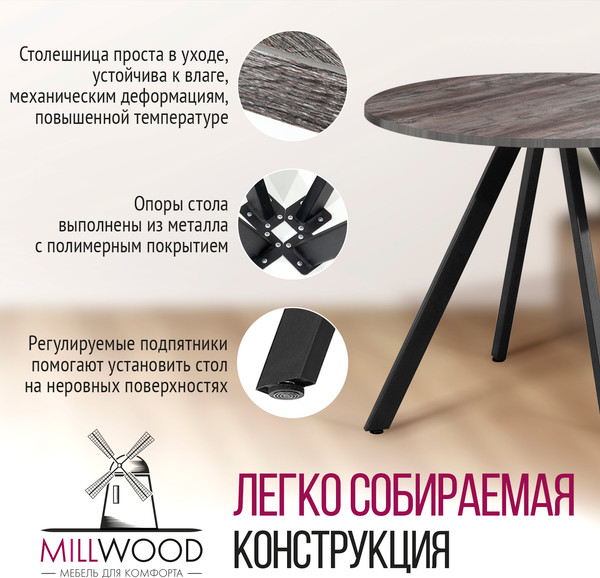 Изображение товара Обеденный стол Millwood Олесунн D900 90x90x75 (сосна пасадена/металл черный)