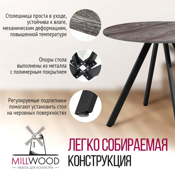 Изображение товара Обеденный стол Millwood Олесунн D1000 18мм 100x100x75 (сосна пасадена/металл черный)