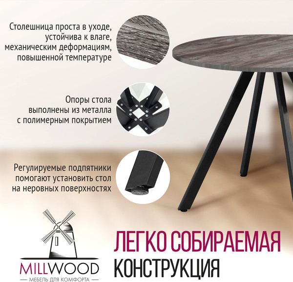 Изображение товара Обеденный стол Millwood Олесунн D1000 100x100x75 (сосна пасадена/металл черный)