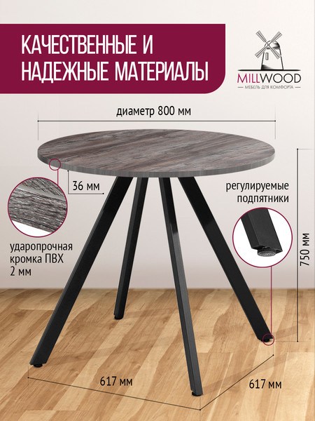 Изображение товара Обеденный стол Millwood Олесунн D800 80x80x75 (сосна пасадена/металл черный)