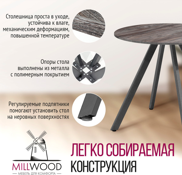 Изображение товара Обеденный стол Millwood Олесунн D800 18мм 80x80x75 (сосна пасадена/металл черный)