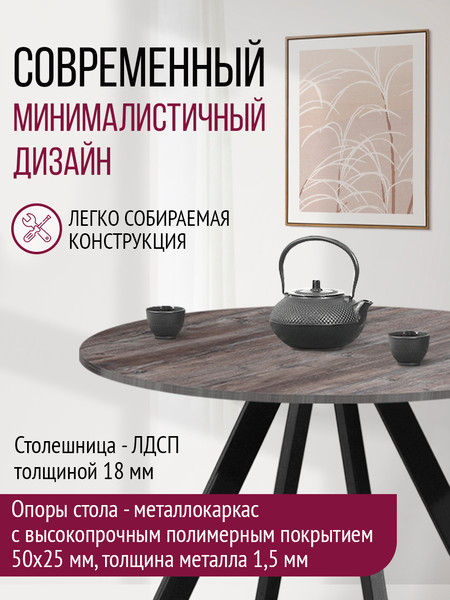 Изображение товара Обеденный стол Millwood Олесунн D800 18мм 80x80x75 (сосна пасадена/металл черный)