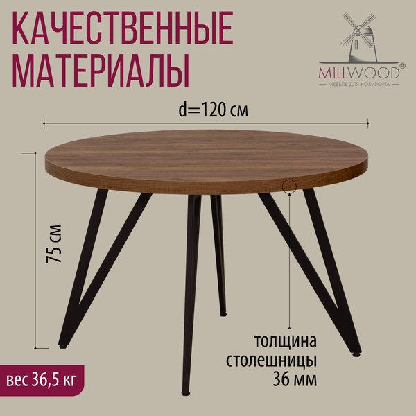 Изображение товара Обеденный стол Millwood Женева 2 D1200 120x120x75 (дуб табачный Craft/металл черный)