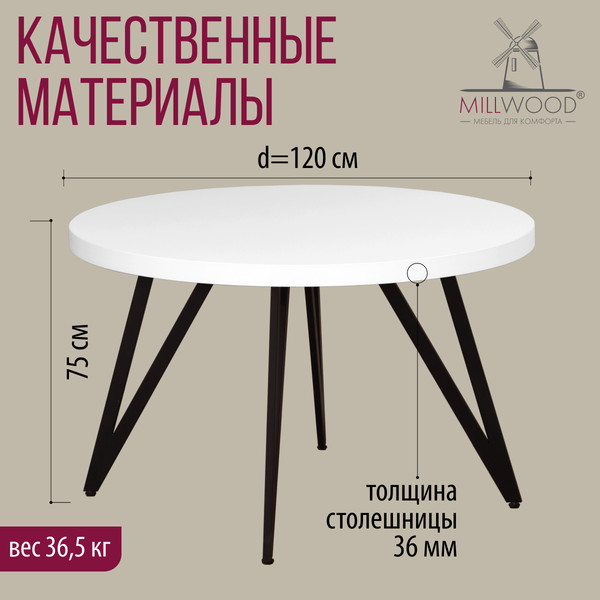 Изображение товара Обеденный стол Millwood Женева 2 D1200 120x120x75 (белый/металл черный)