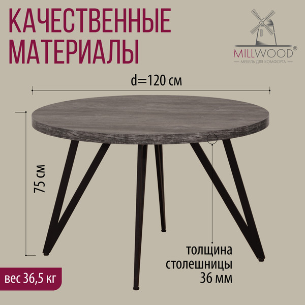 Изображение товара Обеденный стол Millwood Женева 2 D1200 120x120x75 (сосна пасадена/металл черный)