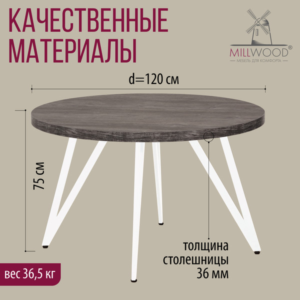 Изображение товара Обеденный стол Millwood Женева 2 D1200 120x120x75 (сосна пасадена/металл белый)