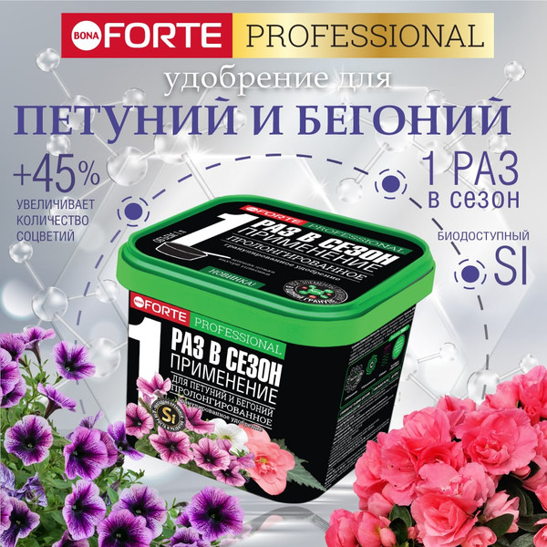Изображение товара Удобрение Bona Forte Гранулир. пролонгир. д/петуний и бегоний с биодоступным кремнием (1л)