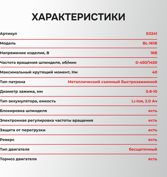 Изображение товара Аккумуляторная дрель-шуруповерт Profipower Profipower BL-161B / E0241