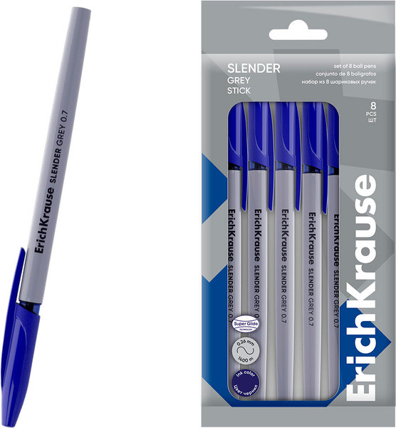 Изображение товара Набор шариковых ручек Erich Krause Slender Stick Grey 0.7 Super Glide Technology / 63679 (8шт, синий)