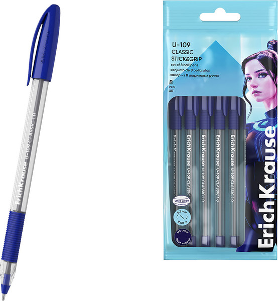 Изображение товара Набор шариковых ручек Erich Krause U-109 Stick&Grip Classic 1.0 Ultra Glide Technology / 63682 (8шт)