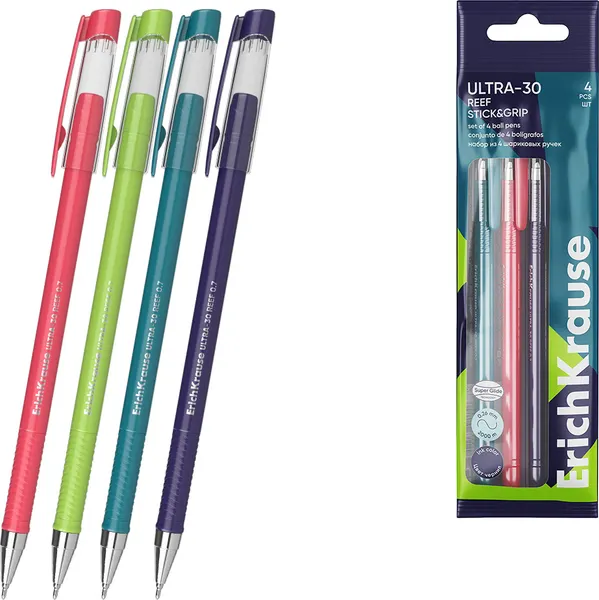 Набор шариковых ручек Erich Krause Ultra-30 Stick&Grip Reef 0.7 Super Glide Technology / 63114 (4шт) — фото 6
