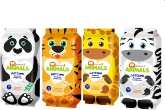Изображение товара Влажные салфетки детские Smart Animals детские с экстрактом ромашки и витамином Е (50шт)