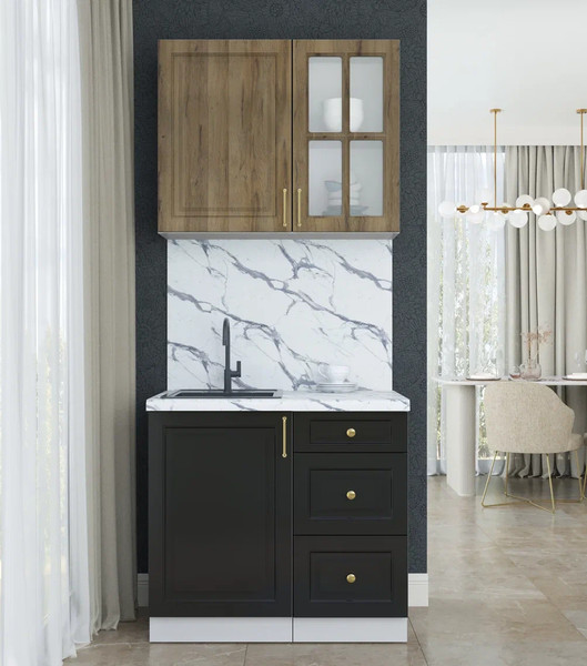 Изображение товара Кухонный гарнитур Интерлиния Мила Шато 0.9А (дуб вотан/черный/белый гранит)