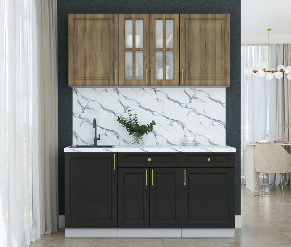 Изображение товара Кухонный гарнитур Интерлиния Мила Шато 1.6А (дуб вотан/черный/белый гранит)