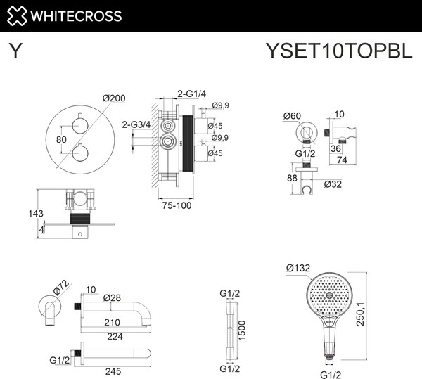 Изображение товара Душевой гарнитур со смесителем Whitecross Y YSET10TOPBL (черный матовый)