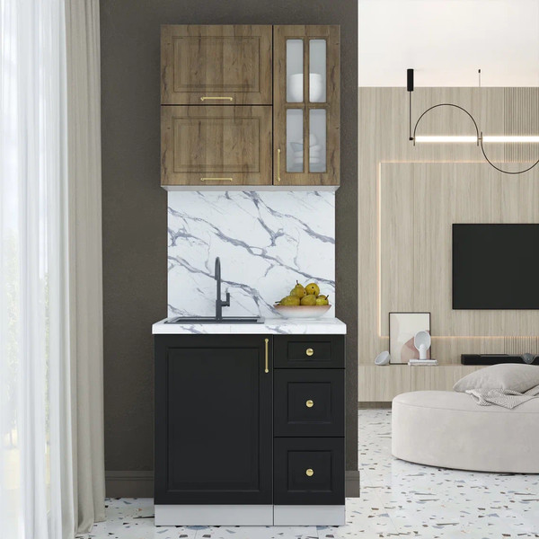 Изображение товара Кухонный гарнитур Интерлиния Мила Шато 0.8Б (дуб вотан/черный/белый гранит)