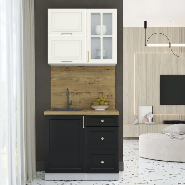 Изображение товара Кухонный гарнитур Интерлиния Мила Шато 0.9Б (белый/черный/дуб бунратти)