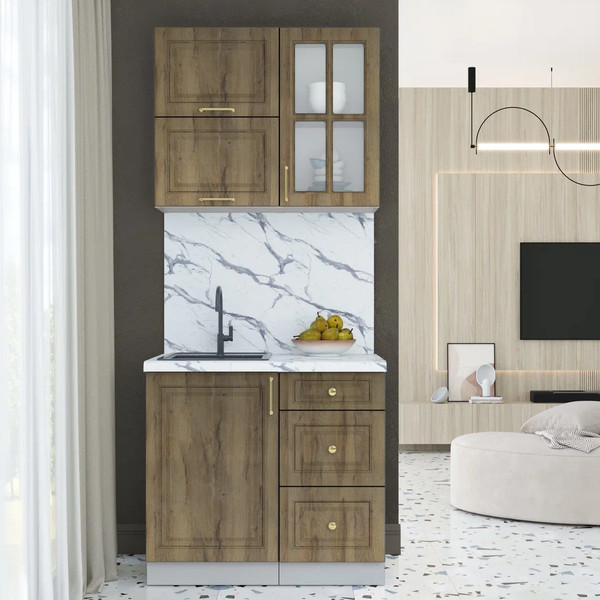 Изображение товара Кухонный гарнитур Интерлиния Мила Шато 0.9Б (дуб вотан/дуб вотан/белый гранит)