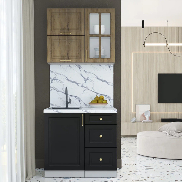 Изображение товара Кухонный гарнитур Интерлиния Мила Шато 0.9Б (дуб вотан/черный/белый гранит)