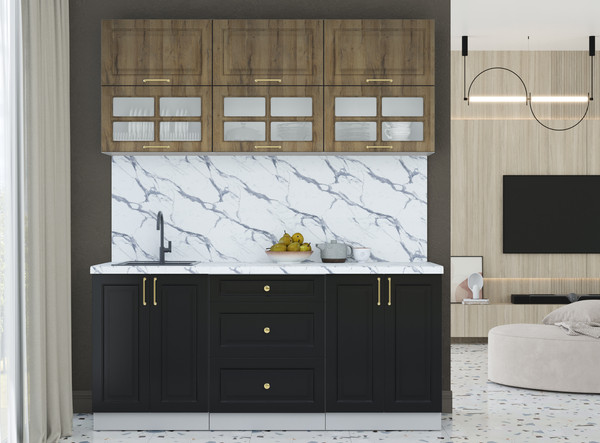 Изображение товара Кухонный гарнитур Интерлиния Мила Шато 1.8Б (дуб вотан/черный/белый гранит)