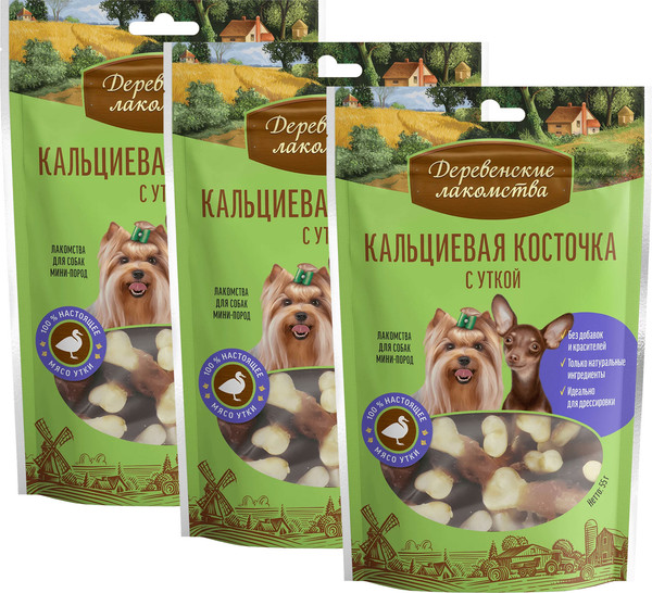 Изображение товара Набор лакомств для собак Деревенские лакомства Кальциевая косточка с уткой (3x55г)