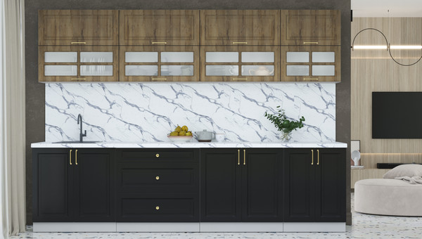 Изображение товара Кухонный гарнитур Интерлиния Мила Шато 3.0Б (дуб вотан/черный/белый гранит)