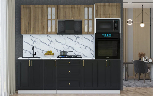 Изображение товара Кухонный гарнитур Интерлиния Мила Шато 2.4В (дуб вотан/черный/белый гранит)