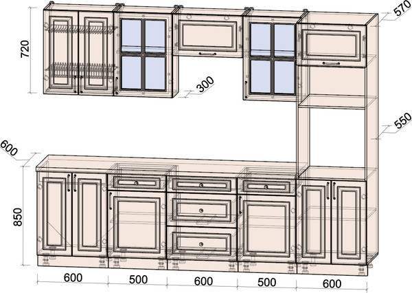 Изображение товара Кухонный гарнитур Интерлиния Мила Шато 2.8В (дуб вотан/дуб вотан/белый гранит)