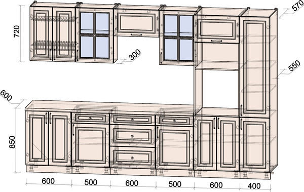 Изображение товара Кухонный гарнитур Интерлиния Мила Шато 3.2В (луна/дуб вотан/опал светлый)