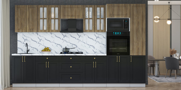 Изображение товара Кухонный гарнитур Интерлиния Мила Шато 3.4В (дуб вотан/черный/белый гранит)