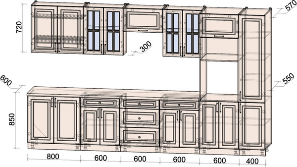 Изображение товара Кухонный гарнитур Интерлиния Мила Шато 3.6В (белый/черный/дуб бунратти)
