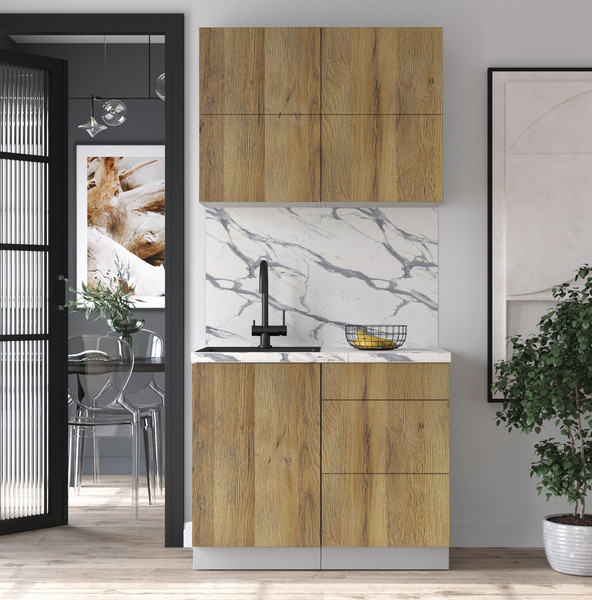 Изображение товара Кухонный гарнитур Интерлиния Мила Матте 1.0 А (дуб вотан/дуб вотан/белый гранит)