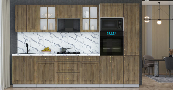 Изображение товара Кухонный гарнитур Интерлиния Мила Шато 3.2В (дуб вотан/дуб вотан/белый гранит)