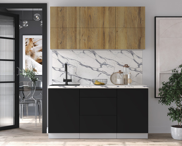 Изображение товара Кухонный гарнитур Интерлиния Мила Матте 1.6 А (дуб вотан/черный/белый гранит)