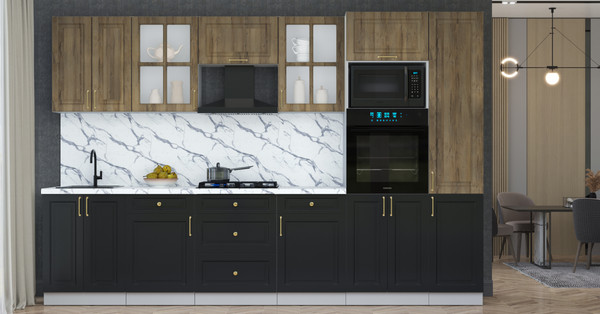 Изображение товара Кухонный гарнитур Интерлиния Мила Шато 3.2В (дуб вотан/черный/белый гранит)