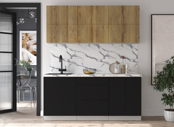 Изображение товара Кухонный гарнитур Интерлиния Мила Матте 1.8 А (дуб вотан/черный/белый гранит)