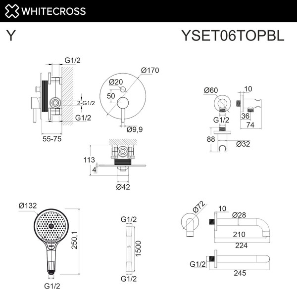 Изображение товара Душевой гарнитур со смесителем Whitecross Y YSET06TOPBL (черный матовый)