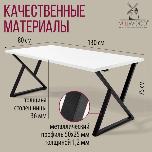 Изображение товара Обеденный стол Millwood Дели Л 130x80x75 (белый/металл черный)