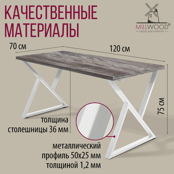 Изображение товара Обеденный стол Millwood Дели Л 120x70x75 (сосна пасадена/металл белый)