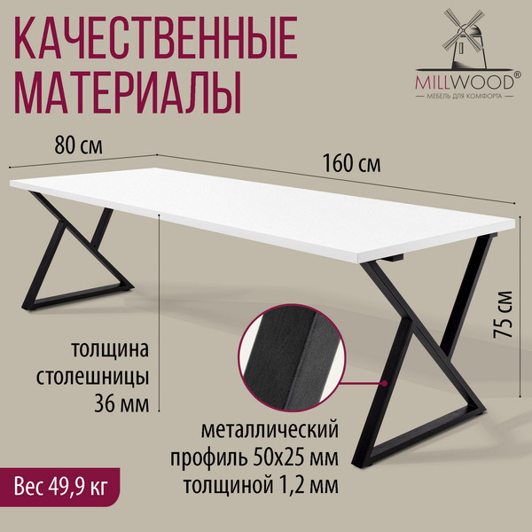 Изображение товара Обеденный стол Millwood Дели Л 160x80x75 (белый/металл черный)