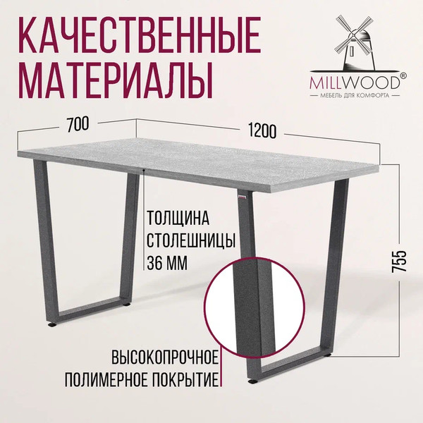Изображение товара Обеденный стол Millwood Уэльс Л 120x70x75 (бетон/графит)