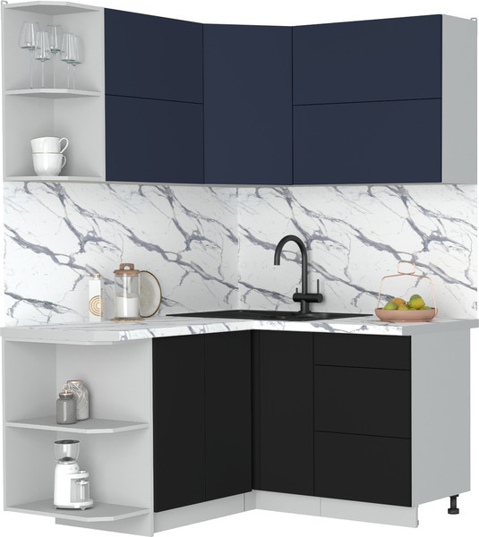 Изображение товара Кухонный гарнитур Интерлиния Мила Матте 1.5x1.4 А (индиго/черный/белый гранит)