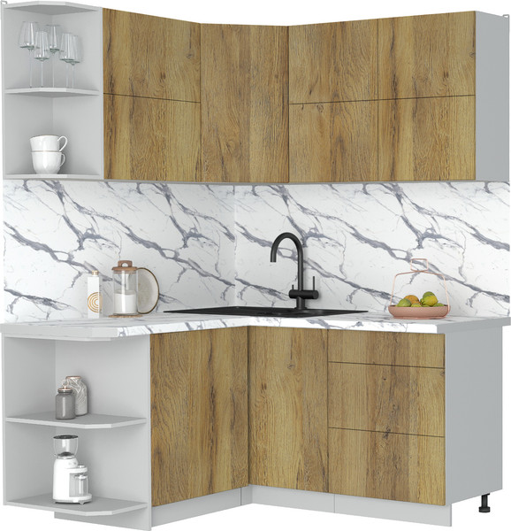 Изображение товара Кухонный гарнитур Интерлиния Мила Матте 1.5x1.6 А (дуб вотан/дуб вотан/белый гранит)