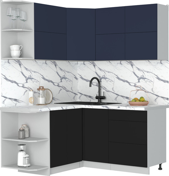 Изображение товара Кухонный гарнитур Интерлиния Мила Матте 1.5x1.6 А (индиго/черный/белый гранит)