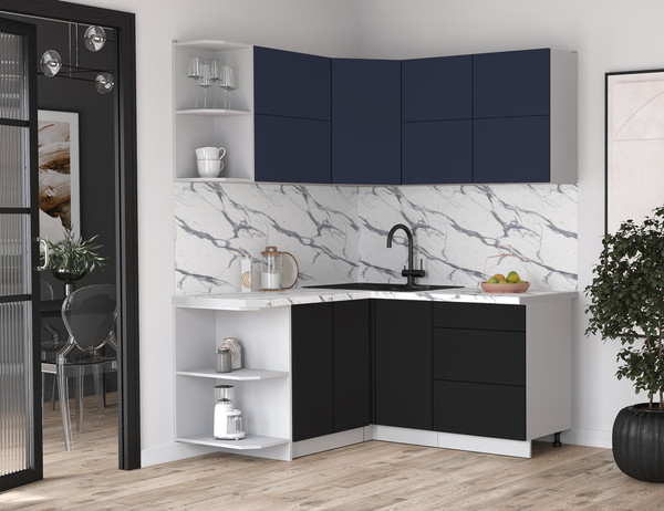 Изображение товара Кухонный гарнитур Интерлиния Мила Матте 1.5x1.6 А (индиго/черный/белый гранит)