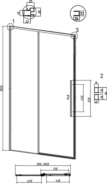 Изображение товара Душевая дверь Grossman Galaxy 100x195 / 1/2.K33.01.10L.21.02 (черный матовый/стекло шиншилла)