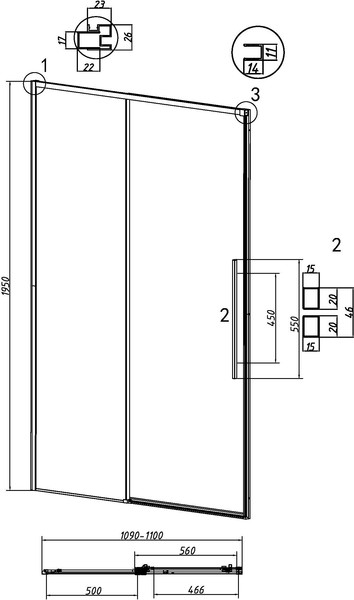 Изображение товара Душевая дверь Grossman Galaxy 110x195 / 1/2.K33.01.11L.21.02 (черный матовый/стекло шиншилла)